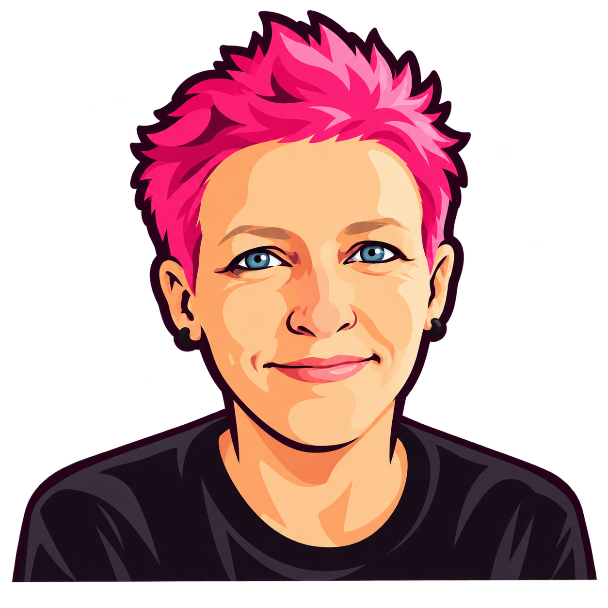 Illustrated portrait of Kristin with bright pink hair